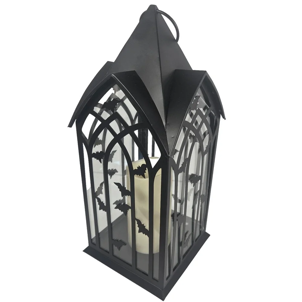 Bella Lux Halloween Gothic Bat Lantern LED Flickering Candle Timer Black 16 Inch